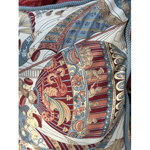 544 - CUSHIONS, nine various including Turkoman woven, brocade tasselled and pictorial 'Hot air Balloon'. ... 