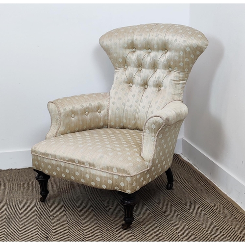 526 - ARMCHAIR, Victorian ebonised and gilt heightened, circa 1870, in patterned cream upholstery, 89cm H ... 