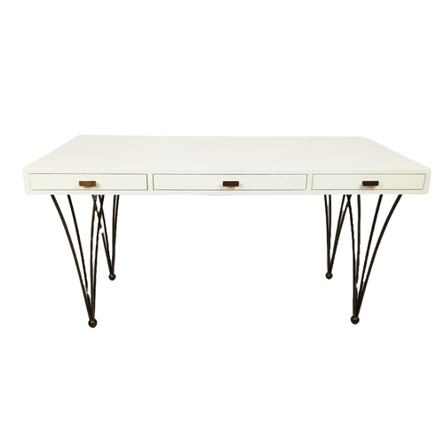 431 - JULIAN CHICHESTER RAVEL DESK, white lacquered top with three drawers on metal legs, 77cm H x 150cm W... 