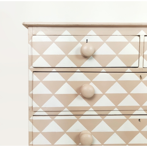 481 - CHEST, Victorian and later pink and white geometric painted containing five drawers, 92cm H x 99cm x... 