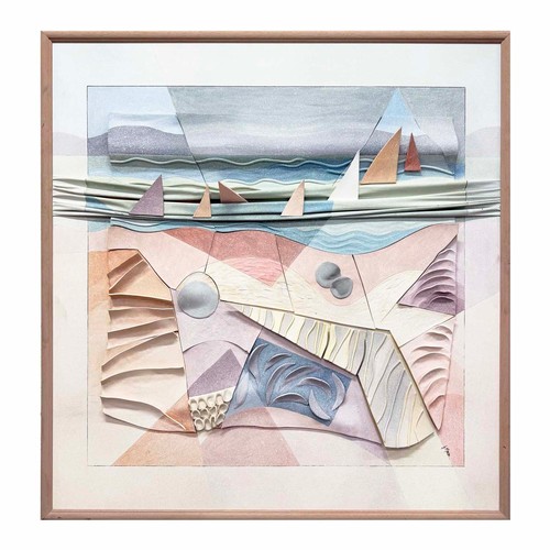 151 - GWEN MASON (Australian b.1922), 'Sailing boats', 3D mixed media, 127cm x 127cm, framed.