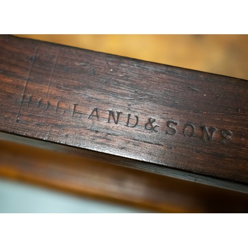 456 - HOLLAND AND SONS WRITING TABLE, Victorian rosewood with tan leather top and two drawers on brass cas... 