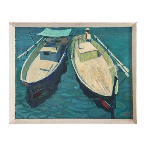 126 - 20TH CENTURY SCHOOL, A B, 'Caique Fishing Boats, South of France and Figures', oil on board, 49cm x ... 