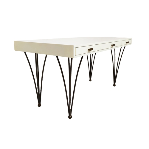 431 - JULIAN CHICHESTER RAVEL DESK, white lacquered top with three drawers on metal legs, 77cm H x 150cm W... 