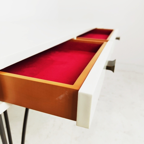 431 - JULIAN CHICHESTER RAVEL DESK, white lacquered top with three drawers on metal legs, 77cm H x 150cm W... 