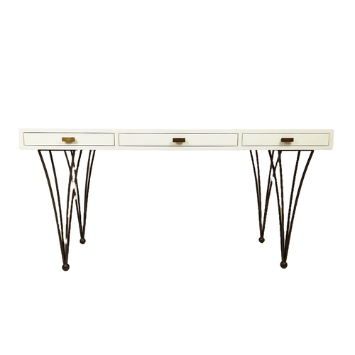 431 - JULIAN CHICHESTER RAVEL DESK, white lacquered top with three drawers on metal legs, 77cm H x 150cm W... 