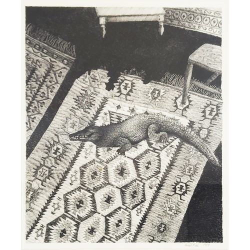 103 - ANNIE RAE (20th century British), 'Crocodile and Kilim', pencil, signed and dated 1989, 46cm x 38cm,... 