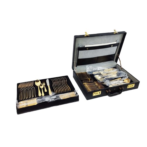 5A - CUTLERY SERVICE, 24ct gold plated, ten place setting with serving pieces, in fitted attache case.