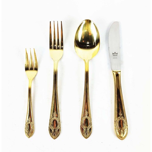 5A - CUTLERY SERVICE, 24ct gold plated, ten place setting with serving pieces, in fitted attache case.