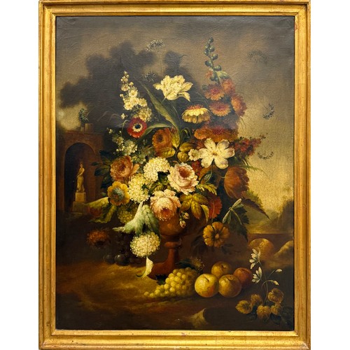 70 - 18TH CENTURY DUTCH MANNER, 'Still Life with Vases, Flowers and Fruits', a pair of oils on canvas, 90... 