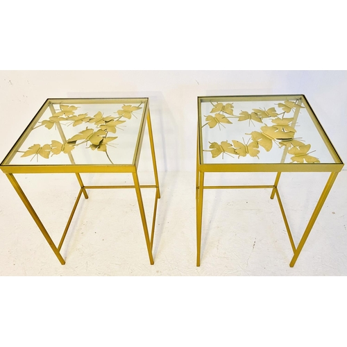 467 - SIDE TABLES, a pair, butterfly design, gilt metal and glass, 58cm H x 40cm W x 40cm D.