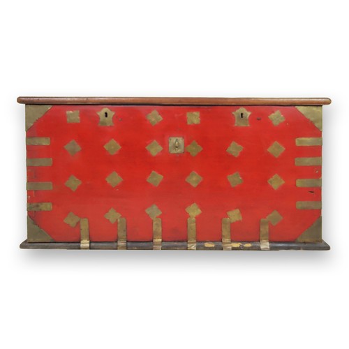 195A - CHINESE RED LACQUER MILITARY CHEST, 18th century, rare painted camphorwood with brass fittings, 60cm... 