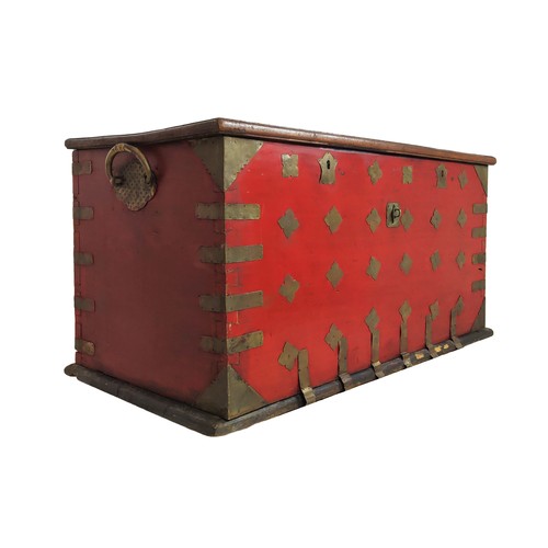 195A - CHINESE RED LACQUER MILITARY CHEST, 18th century, rare painted camphorwood with brass fittings, 60cm... 