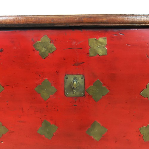 195A - CHINESE RED LACQUER MILITARY CHEST, 18th century, rare painted camphorwood with brass fittings, 60cm... 