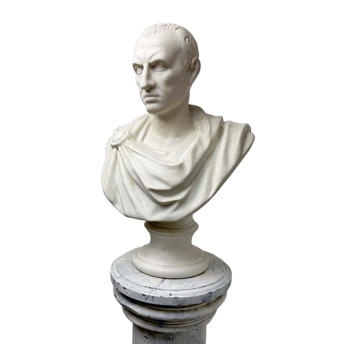 1 - BUST OF JULIUS CAESAR, 20th century plaster on a 19th century faux marble painted stand, bust 60cm H... 