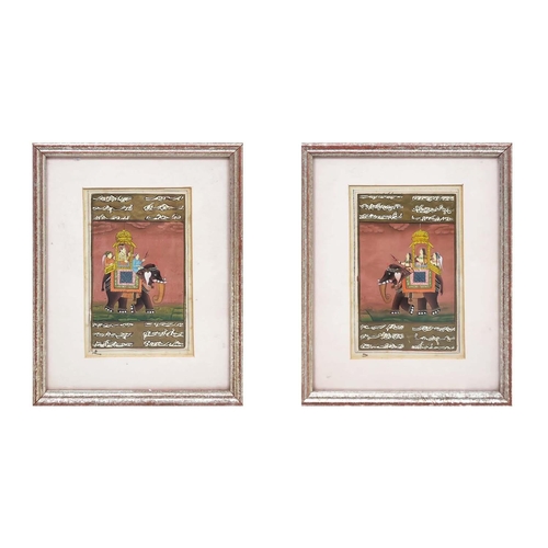 108 - MUGHAL SCHOOL, Emperor and Empress mounted upon Elephants', a pair, gouache, 16cm x 10cm each, frame... 