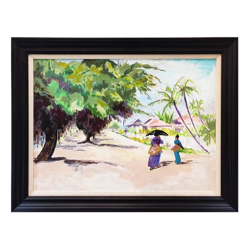 109 - IVY ATTWELL, 'The Seychelles, figures on a Street', oil on board, 40cm x 55cm, framed.