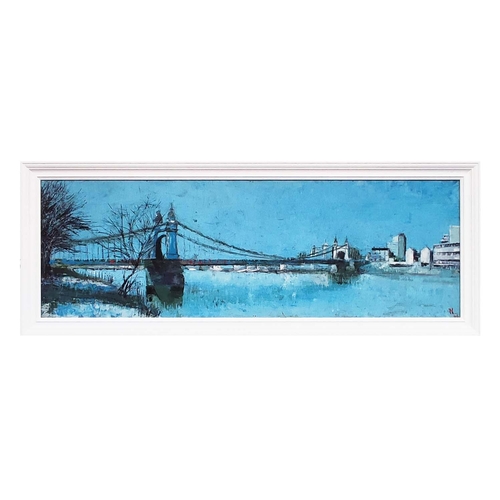 111 - MANNER OF WILLIAM BOWYER (British 1926-2015), 'Hammersmith Bridge', oil on board, signed and dated W... 