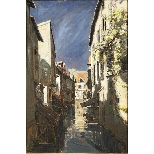 119 - JEAN MEUNIER COEUR 'Montargis, Rue Sur L'eau', oil on board, 54cm x 36cm, signed, framed.