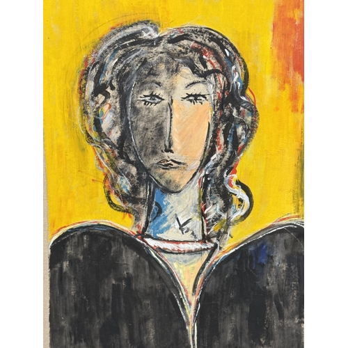 145 - RENOS LOIZOU (British/Cypriot), 'Portrait in yellow', oil on paper laid on linen, 77cm x 52cm, frame... 