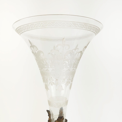 16 - CORNET VASE, 19th century glass on Acanthus and Gunnera gilt metal base, 53cm H.