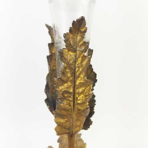 16 - CORNET VASE, 19th century glass on Acanthus and Gunnera gilt metal base, 53cm H.