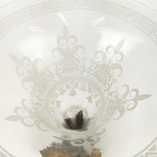 16 - CORNET VASE, 19th century glass on Acanthus and Gunnera gilt metal base, 53cm H.