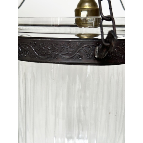 193 - BELL JAR HALL LANTERNS, a pair, reeded bell jar glass with bronze style mounts, approx 46cm H. (2)