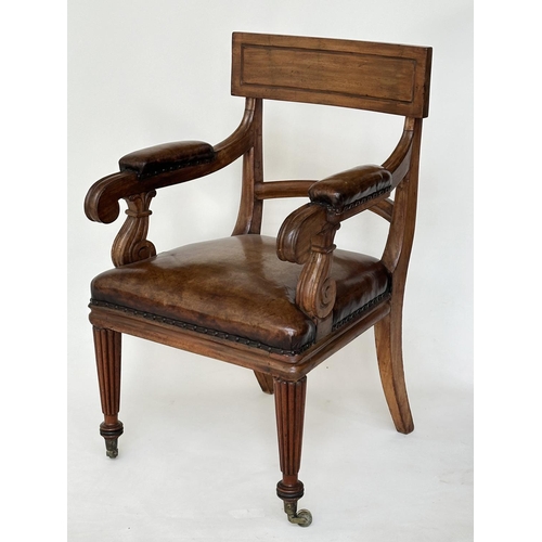 194 - LIBRARY ARMCHAIR, early 19th century English William IV mahogany, hand finished studded soft tan lea... 