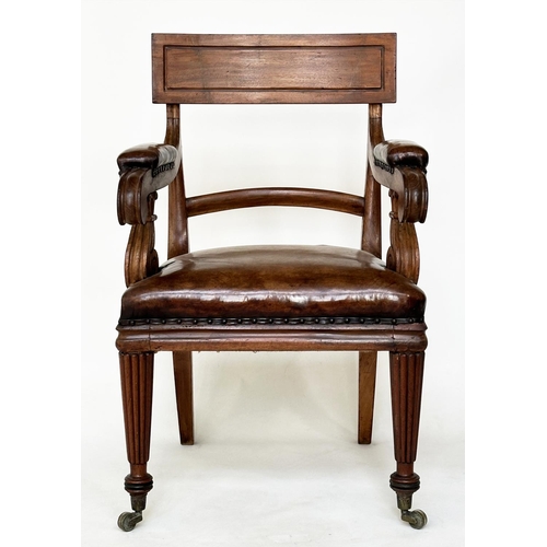 194 - LIBRARY ARMCHAIR, early 19th century English William IV mahogany, hand finished studded soft tan lea... 