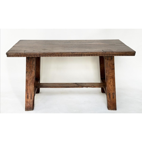 198 - DINING CENTRE TABLE, 17th century Italian and later with planked walnut top and splayed supports wit... 