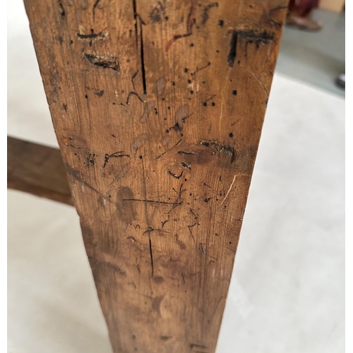 198 - DINING CENTRE TABLE, 17th century Italian and later with planked walnut top and splayed supports wit... 