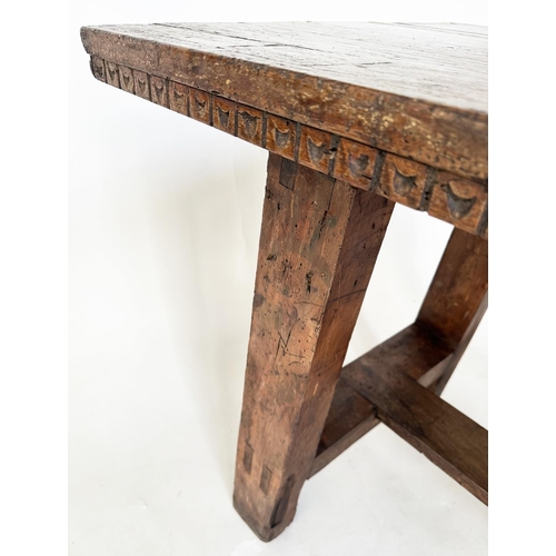 198 - DINING CENTRE TABLE, 17th century Italian and later with planked walnut top and splayed supports wit... 