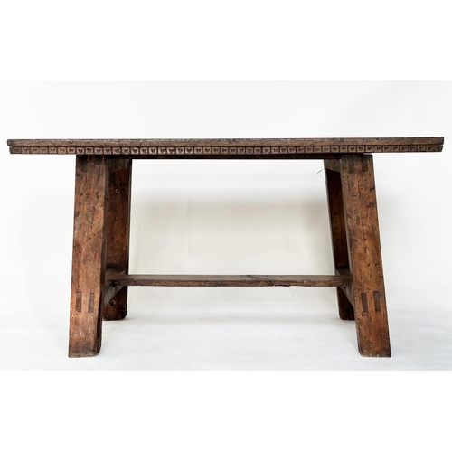 198 - DINING CENTRE TABLE, 17th century Italian and later with planked walnut top and splayed supports wit... 