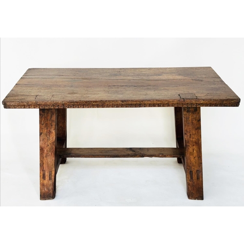 198 - DINING CENTRE TABLE, 17th century Italian and later with planked walnut top and splayed supports wit... 