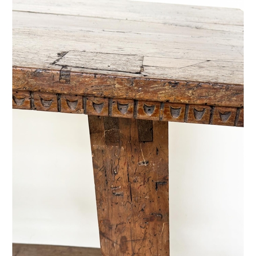 198 - DINING CENTRE TABLE, 17th century Italian and later with planked walnut top and splayed supports wit... 