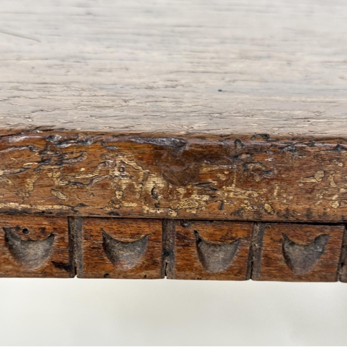 198 - DINING CENTRE TABLE, 17th century Italian and later with planked walnut top and splayed supports wit... 