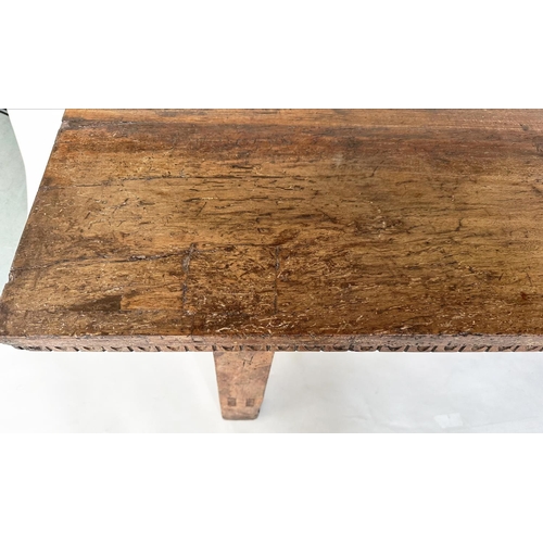 198 - DINING CENTRE TABLE, 17th century Italian and later with planked walnut top and splayed supports wit... 