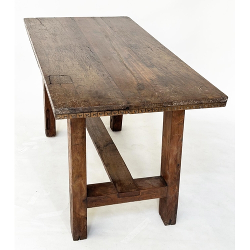 198 - DINING CENTRE TABLE, 17th century Italian and later with planked walnut top and splayed supports wit... 