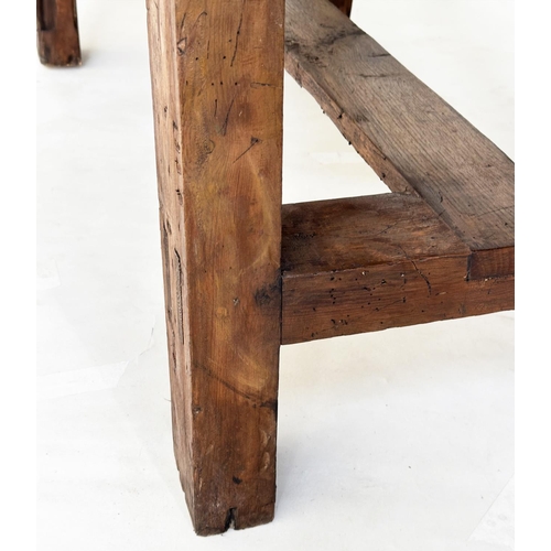 198 - DINING CENTRE TABLE, 17th century Italian and later with planked walnut top and splayed supports wit... 