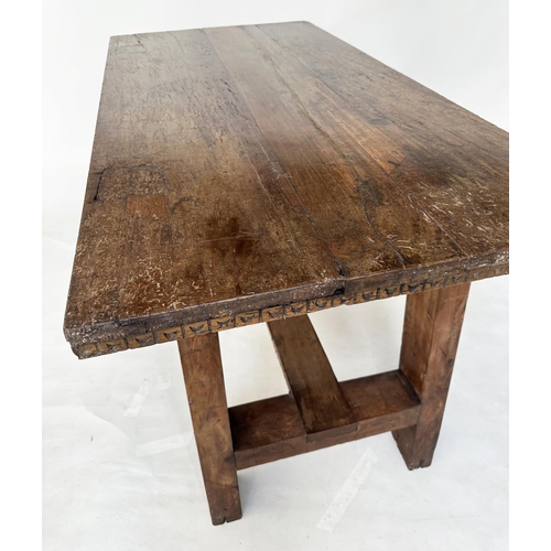 198 - DINING CENTRE TABLE, 17th century Italian and later with planked walnut top and splayed supports wit... 