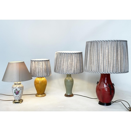 199 - TABLE LAMPS, Sang de Boeuf, oxblood ceramic with iron mounts together, two Chinese style lamps and a... 