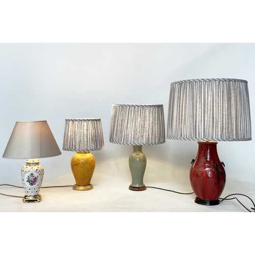 199 - TABLE LAMPS, Sang de Boeuf, oxblood ceramic with iron mounts together, two Chinese style lamps and a... 