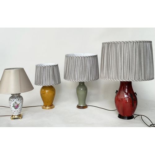 199 - TABLE LAMPS, Sang de Boeuf, oxblood ceramic with iron mounts together, two Chinese style lamps and a... 