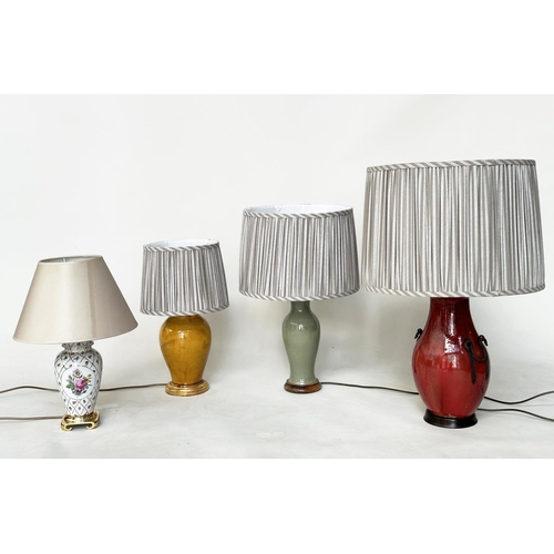 199 - TABLE LAMPS, Sang de Boeuf, oxblood ceramic with iron mounts together, two Chinese style lamps and a... 