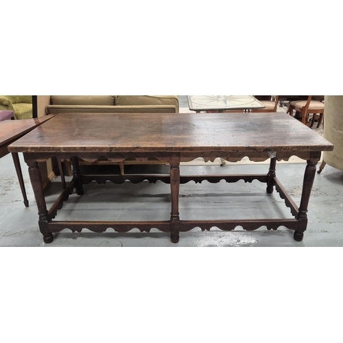 204 - REFECTORY TABLE, 17th century Italian walnut, on six turned supports with scalloped apron and cross ... 