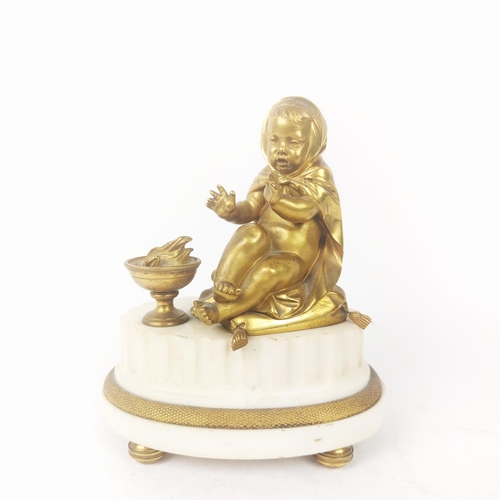 205B - A PAIR OF GILT BRONZE AND MARBLE CLOCK GARNITURES, in the form on putti on a plinth, 22cm high.