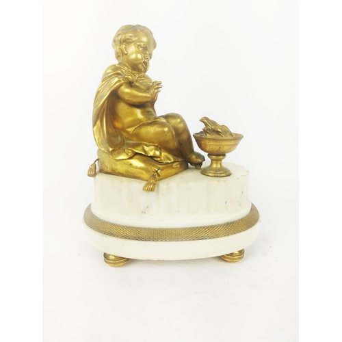 205B - A PAIR OF GILT BRONZE AND MARBLE CLOCK GARNITURES, in the form on putti on a plinth, 22cm high.