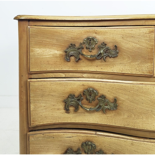 208 - SERPENTINE COMMODE, 18th century continental walnut and fruitwood with three small drawers over two ... 