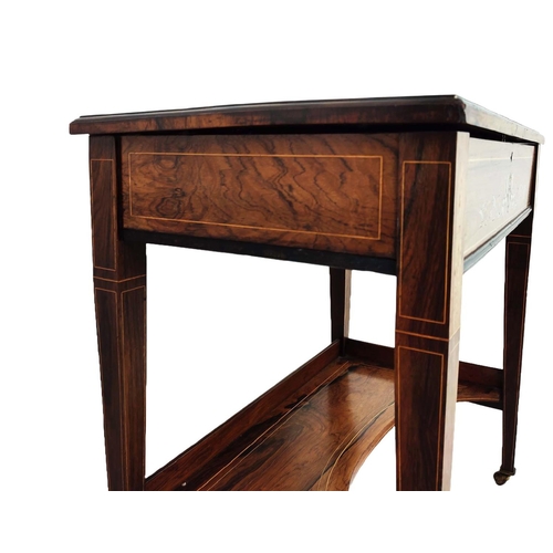 214 - WRITING TABLE, Edwardian rosewood and marquetry with hinged top and front enclosing a sloped leather... 